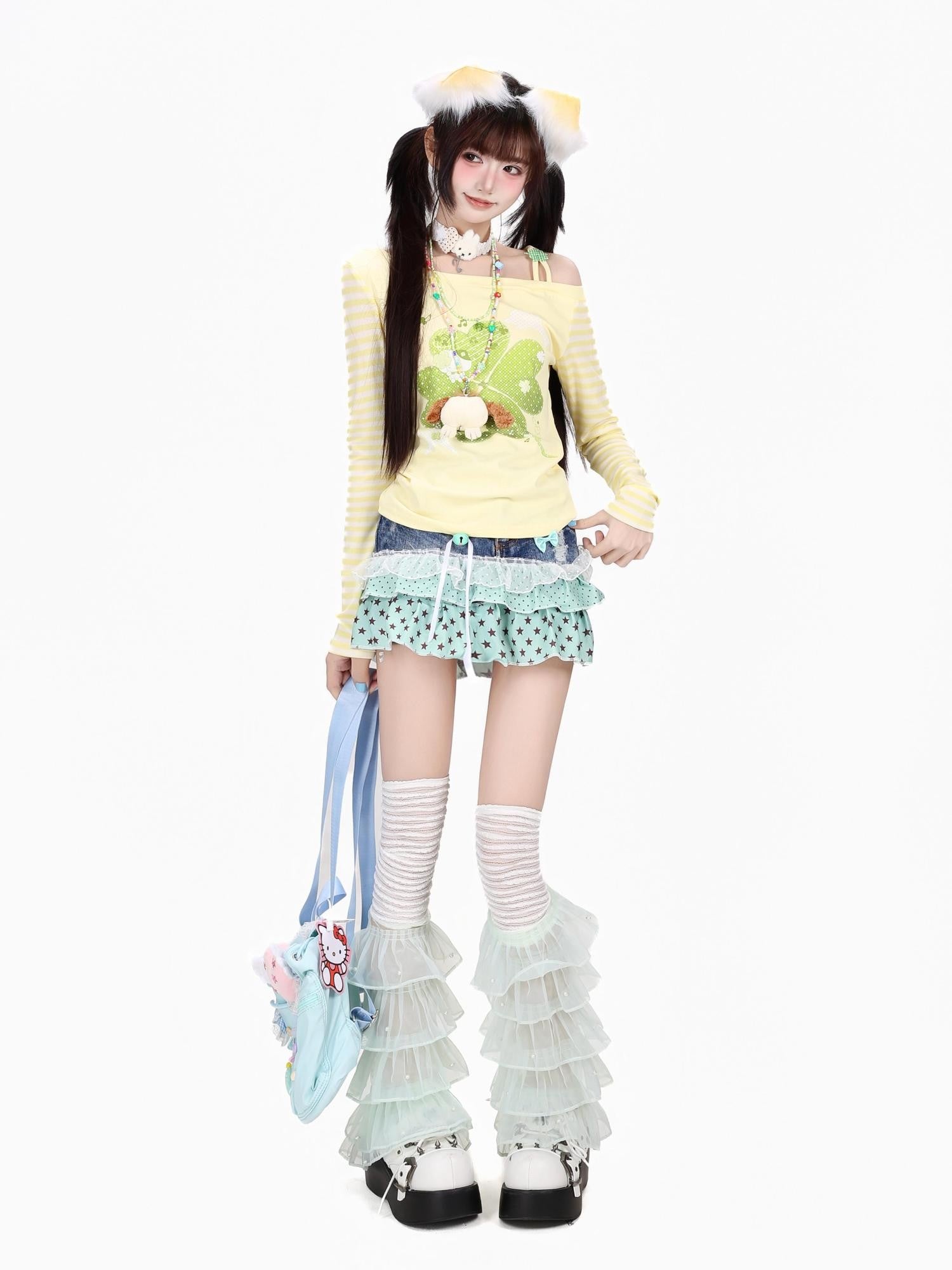 Crazy Girl Dopamine Striped Clover Spliced Asymmetric Women&