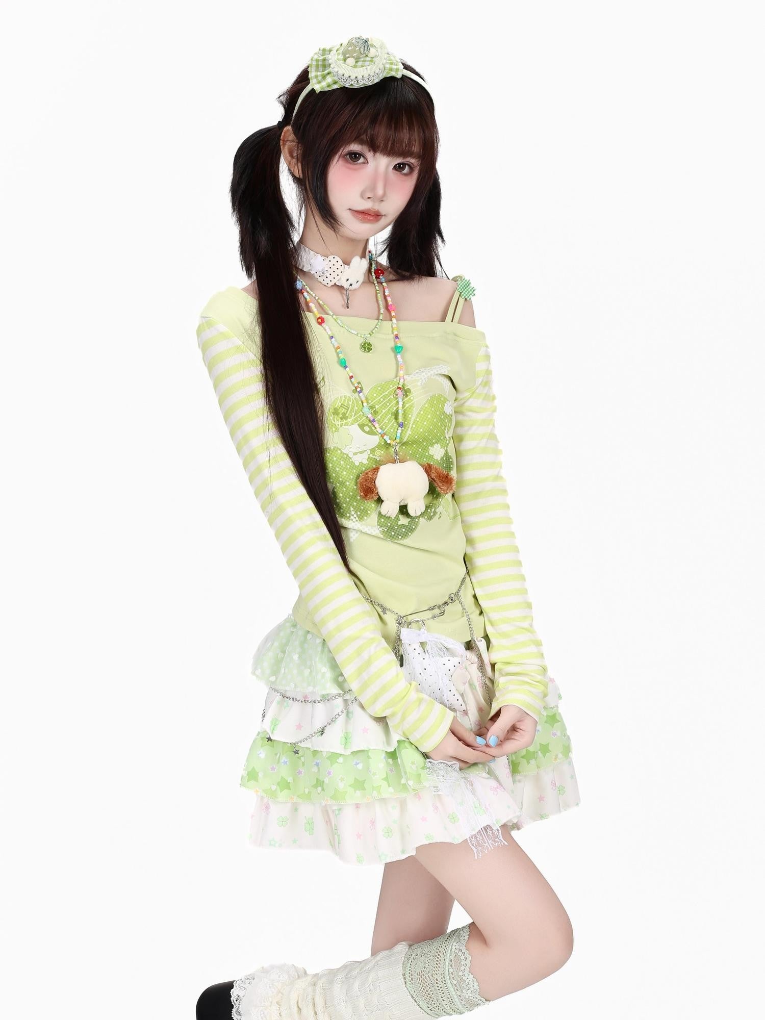 Crazy Girl Dopamine Striped Clover Spliced Asymmetric Women&