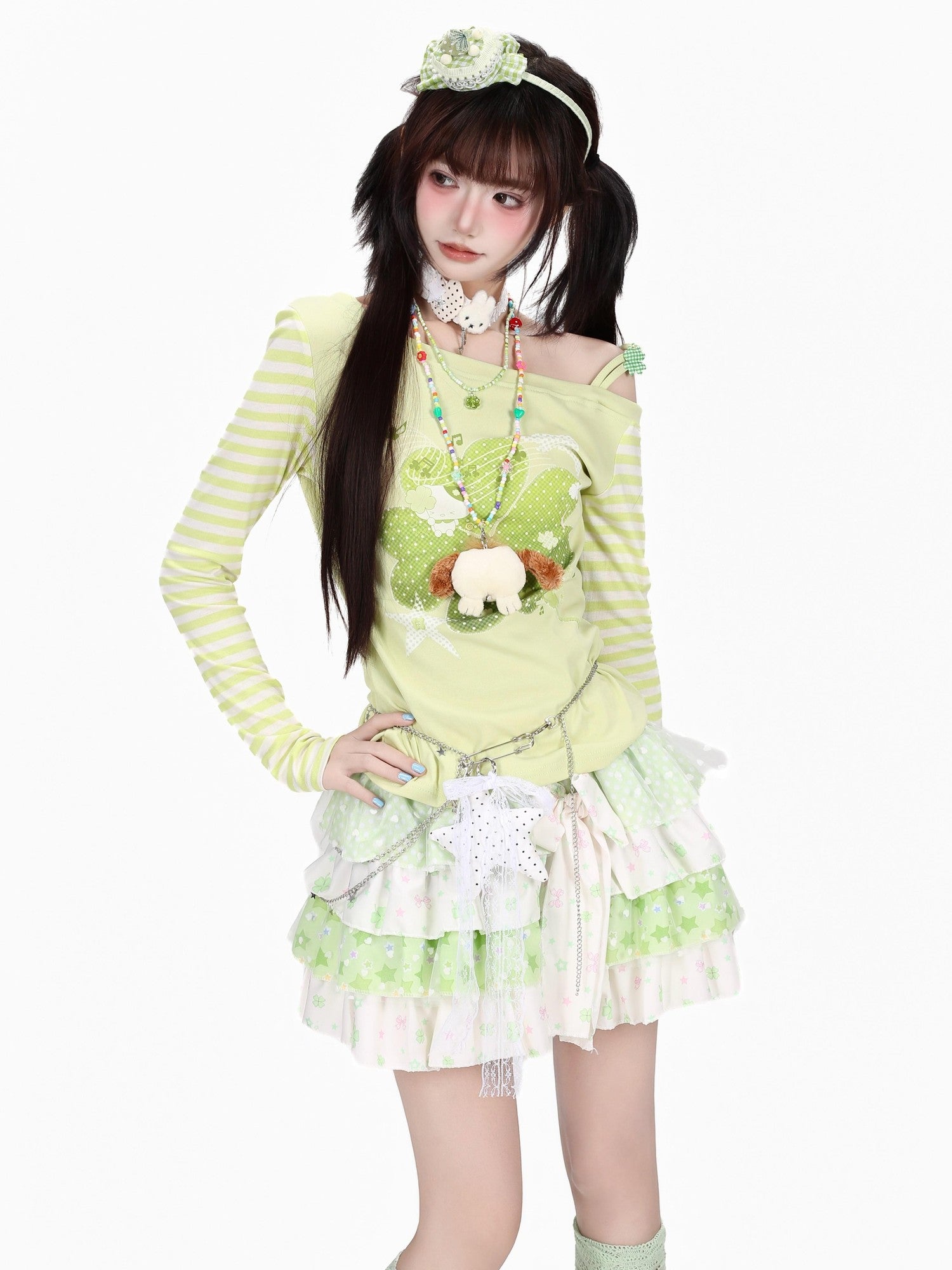 Crazy Girl Dopamine Striped Clover Spliced Asymmetric Women&