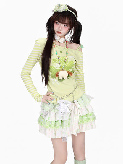 Crazy Girl Dopamine Striped Clover Spliced Asymmetric Women&