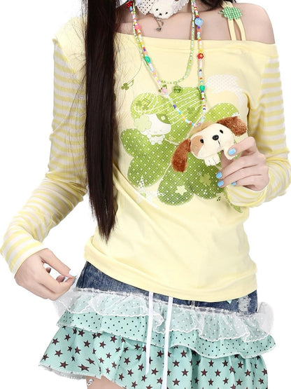 Crazy Girl Dopamine Striped Clover Spliced Asymmetric Women&