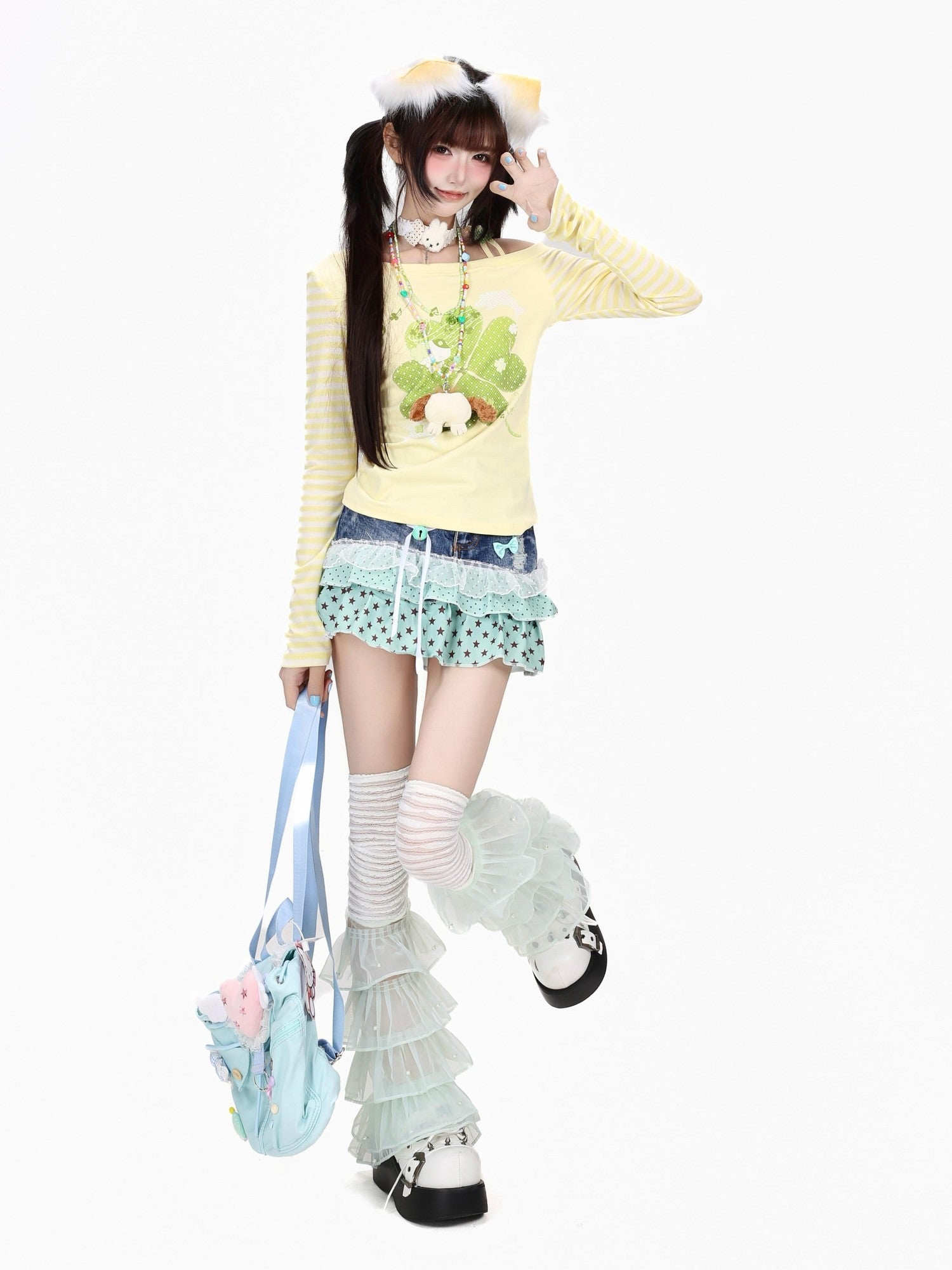 Crazy Girl Dopamine Striped Clover Spliced Asymmetric Women&
