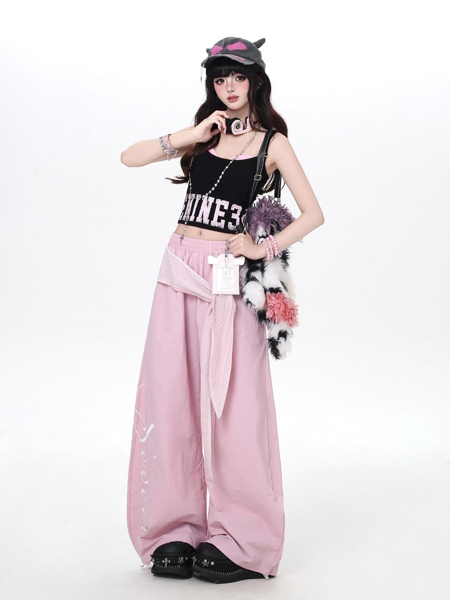 Crazy Girl Embroidered Lace Tie Faux Two Piece Loose High Waist American Women&