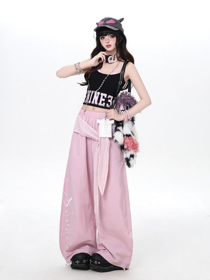 Crazy Girl Embroidered Lace Tie Faux Two Piece Loose High Waist American Women&