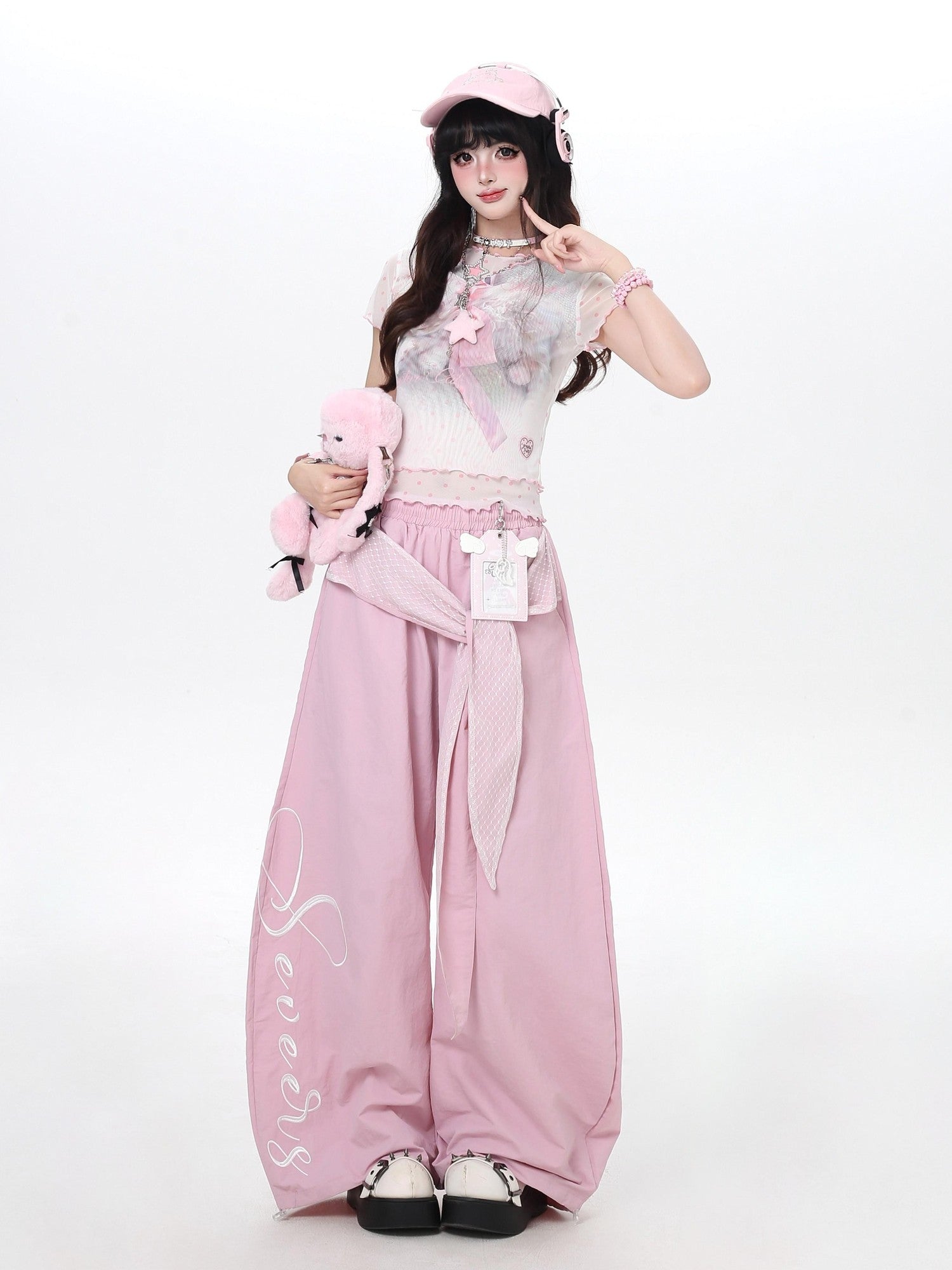 Crazy Girl Embroidered Lace Tie Faux Two Piece Loose High Waist American Women&