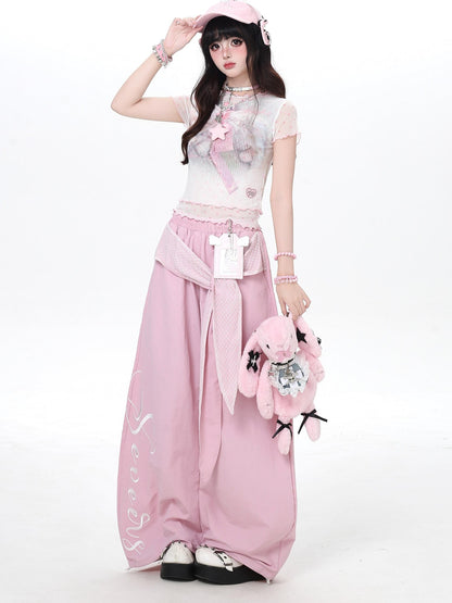 Crazy Girl Embroidered Lace Tie Faux Two Piece Loose High Waist American Women&