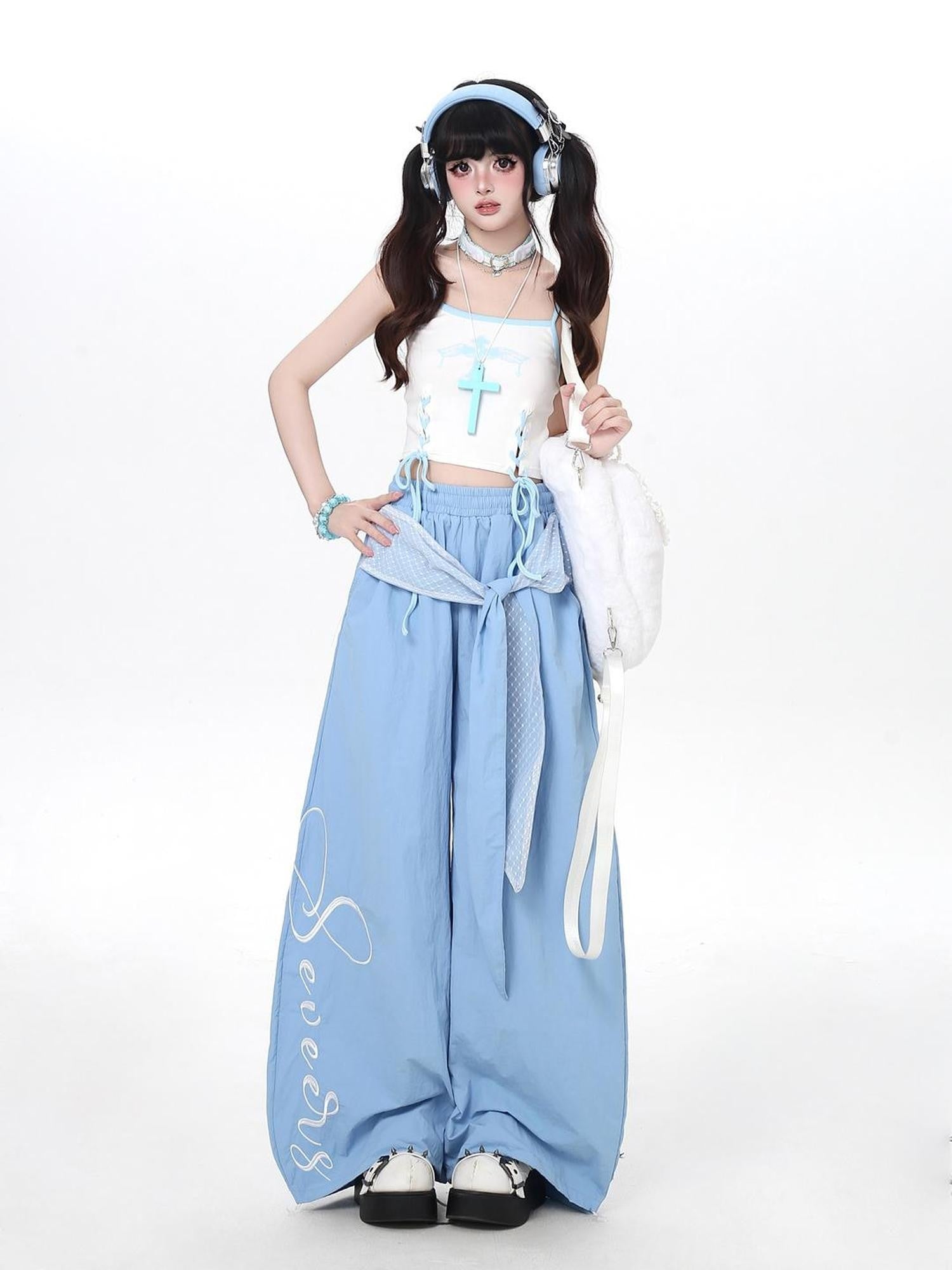 Crazy Girl Embroidered Lace Tie Faux Two Piece Loose High Waist American Women&