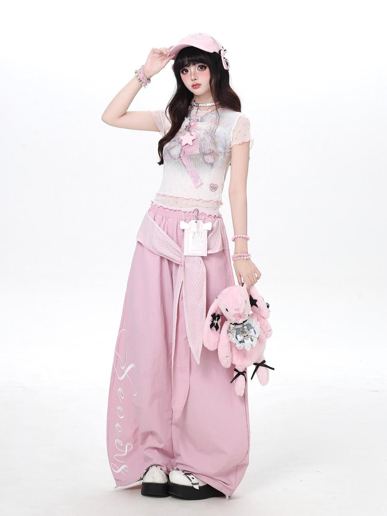 Crazy Girl Embroidered Lace Tie Faux Two Piece Loose High Waist American Women&