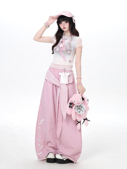 Crazy Girl Embroidered Lace Tie Faux Two Piece Loose High Waist American Women&