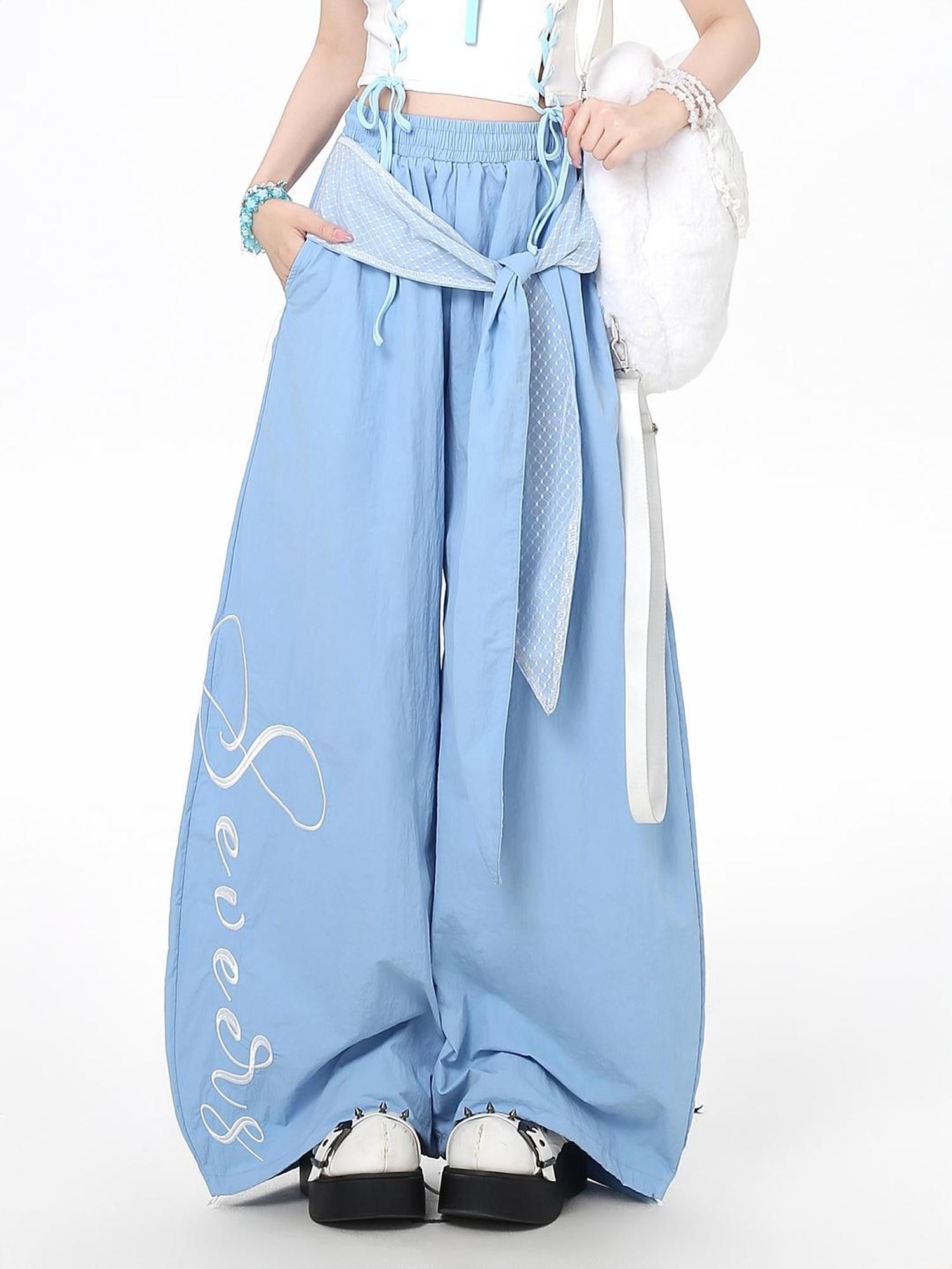 Crazy Girl Embroidered Lace Tie Faux Two Piece Loose High Waist American Women&