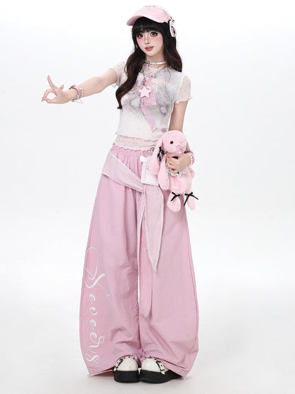Crazy Girl Embroidered Lace Tie Faux Two Piece Loose High Waist American Women&