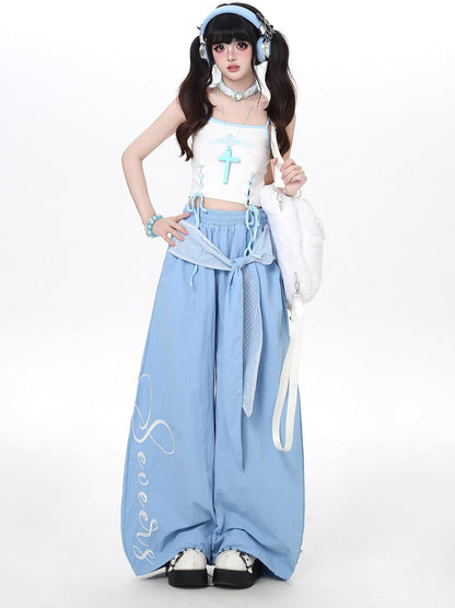 Crazy Girl Embroidered Lace Tie Faux Two Piece Loose High Waist American Women&