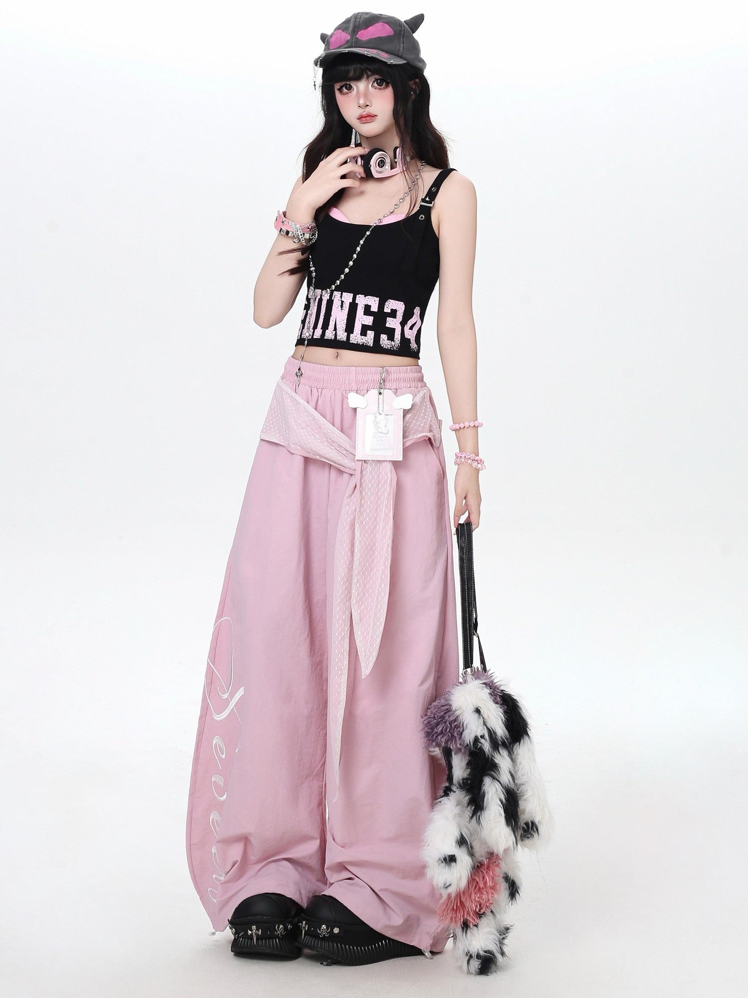 Crazy Girl Embroidered Lace Tie Faux Two Piece Loose High Waist American Women&