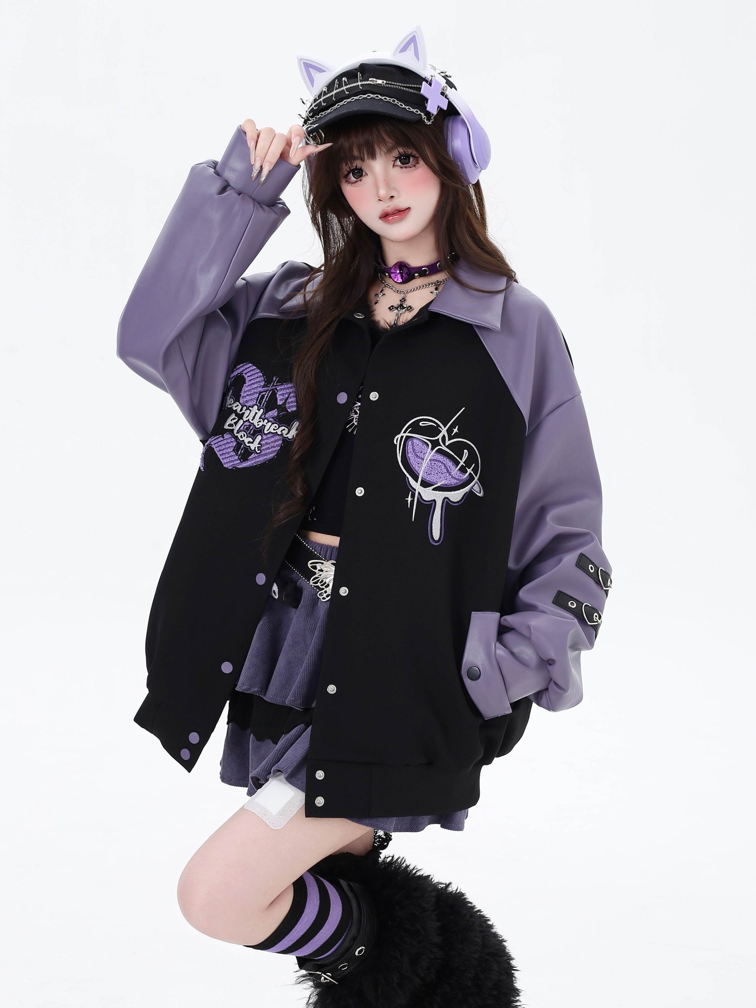 Crazy_Girl_Embroidered_Plaid_Patchwork_Notched_Collar_Loose_Fit_Women&