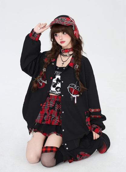Crazy_Girl_Embroidered_Plaid_Patchwork_Notched_Collar_Loose_Fit_Women&