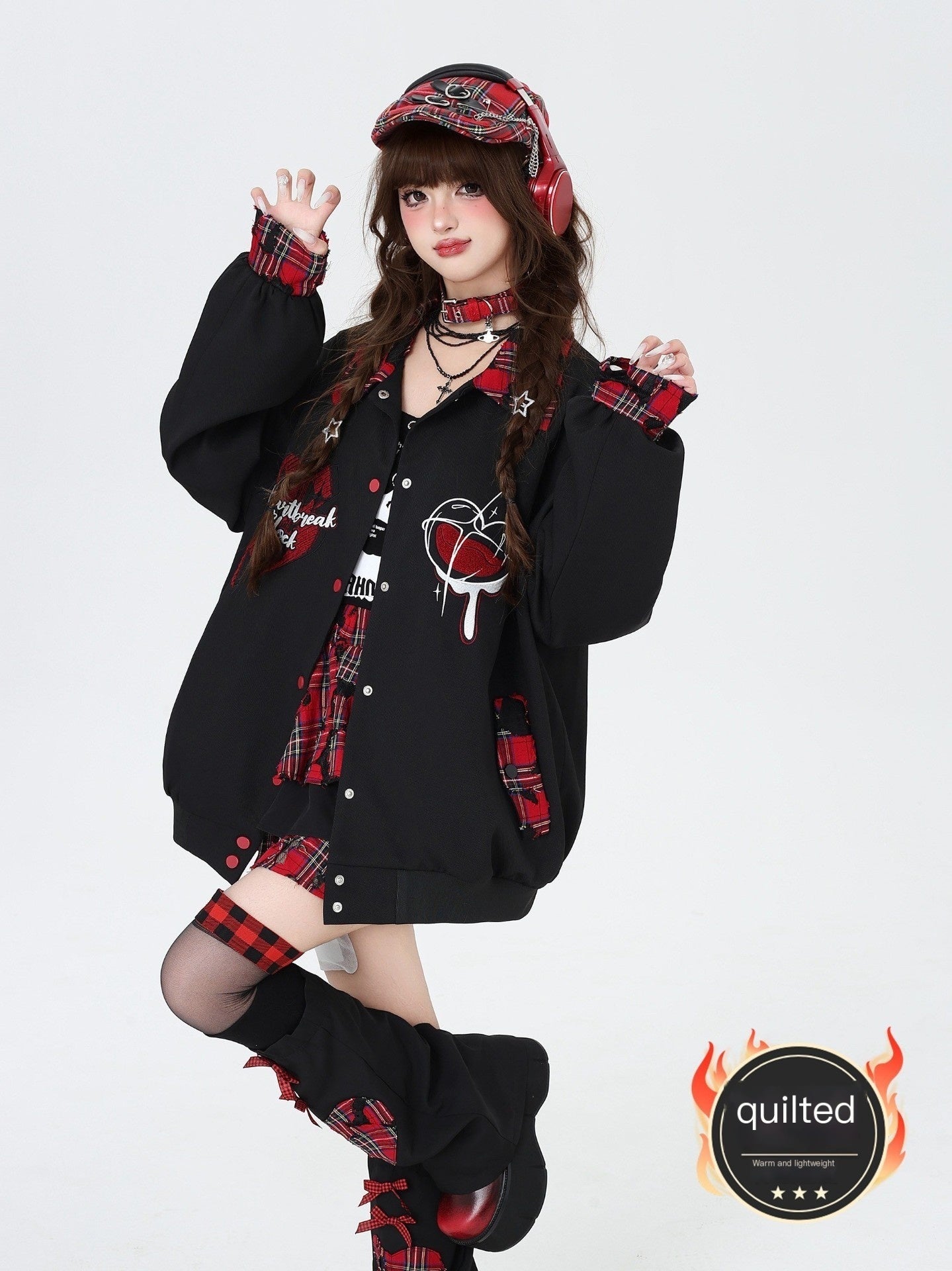 Crazy_Girl_Embroidered_Plaid_Patchwork_Notched_Collar_Loose_Fit_Women&