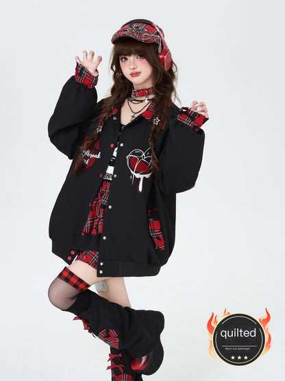Crazy_Girl_Embroidered_Plaid_Patchwork_Notched_Collar_Loose_Fit_Women&