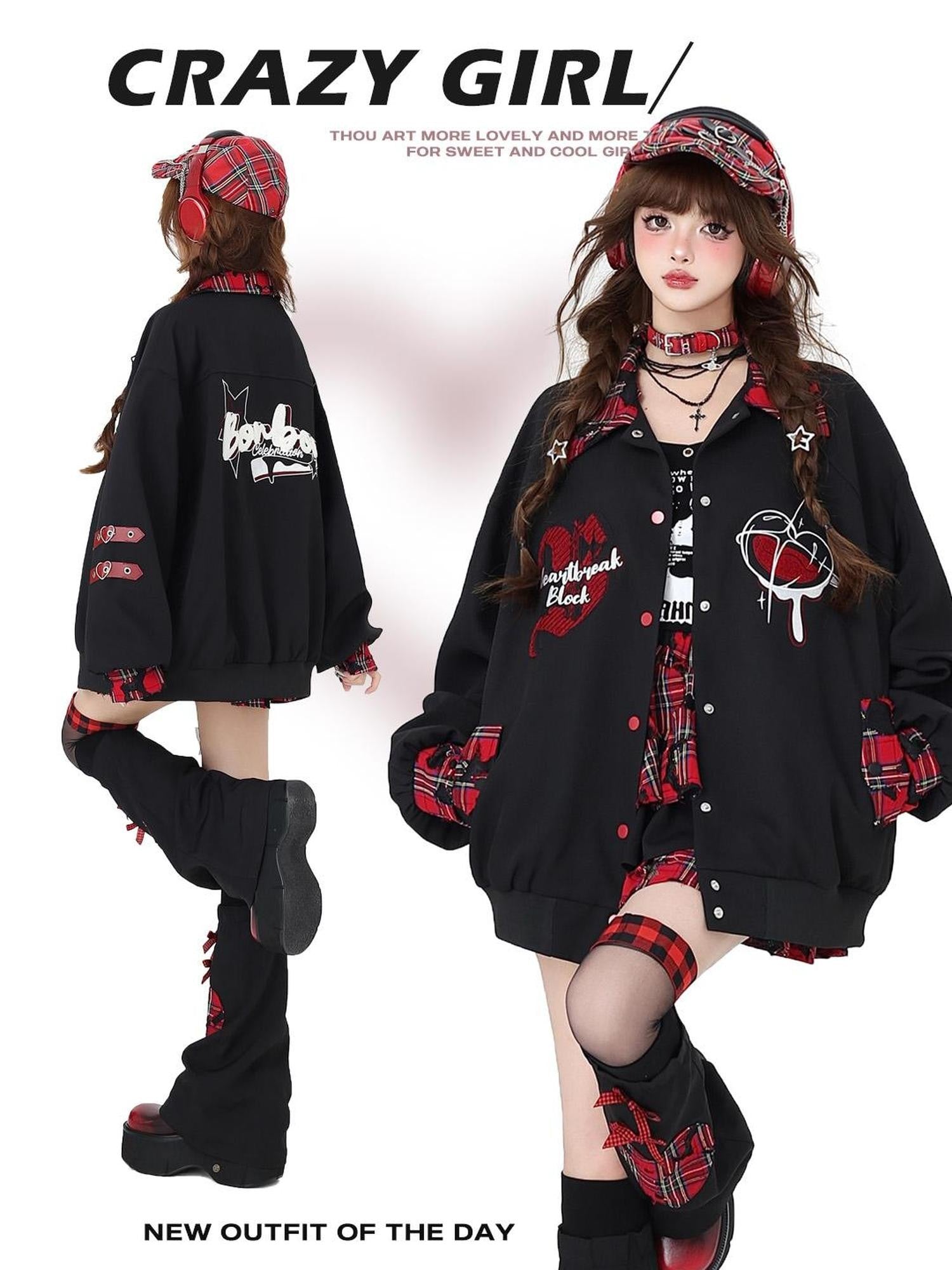 Crazy Girl Embroidered Plaid Patchwork Notched Collar Loose Fit Women&