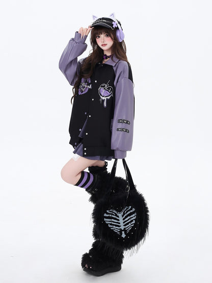 Crazy Girl Embroidered Plaid Patchwork Notched Collar Loose Fit Women&