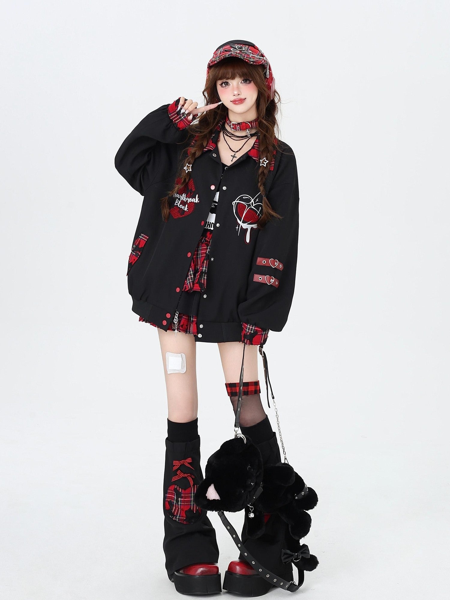 Crazy Girl Embroidered Plaid Patchwork Notched Collar Loose Fit Women&
