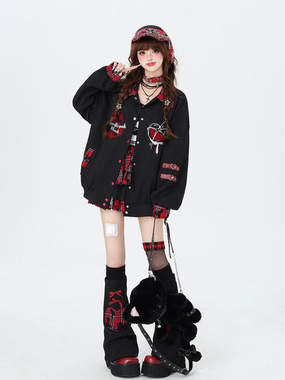 Crazy Girl Embroidered Plaid Patchwork Notched Collar Loose Fit Women&