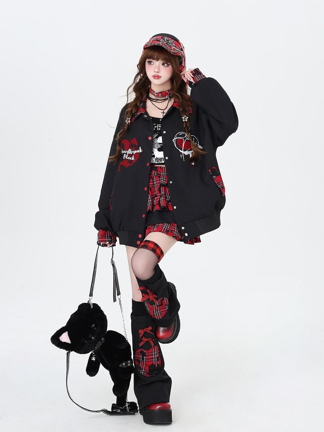 Crazy Girl Embroidered Plaid Patchwork Notched Collar Loose Fit Women&