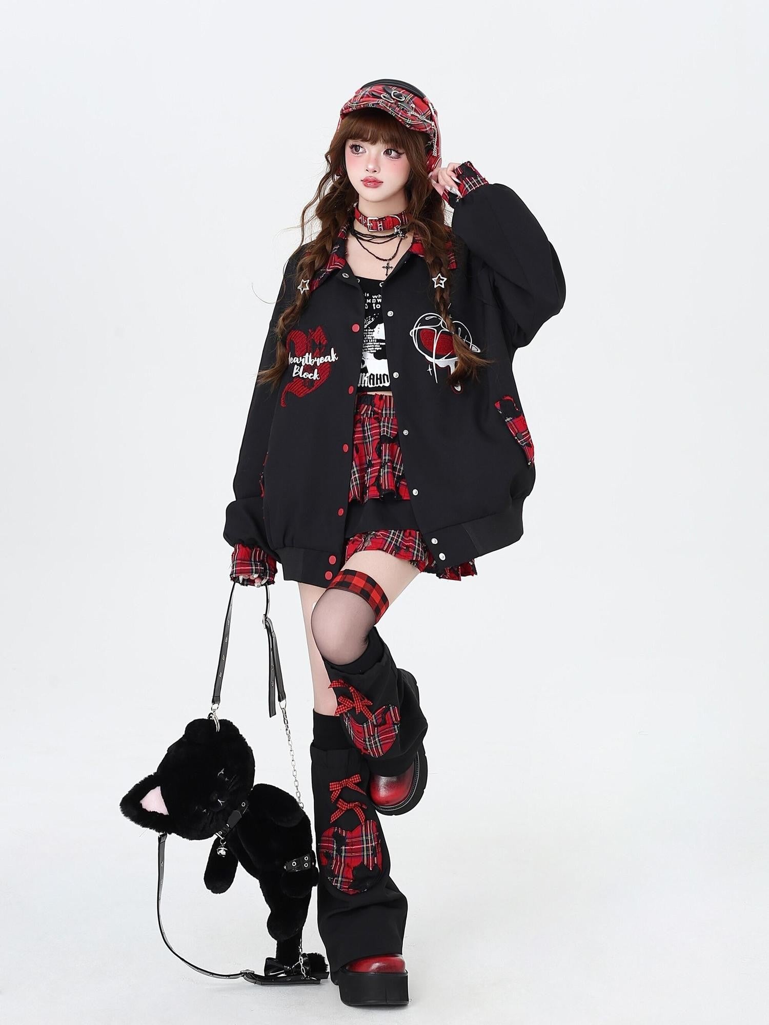 Crazy Girl Embroidered Plaid Patchwork Notched Collar Loose Fit Women&