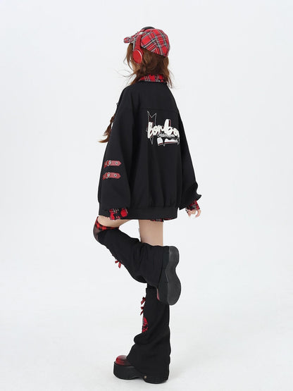 Crazy Girl Embroidered Plaid Patchwork Notched Collar Loose Fit Women&