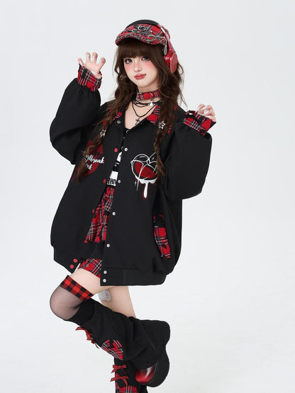 Crazy Girl Embroidered Plaid Patchwork Notched Collar Loose Fit Women&