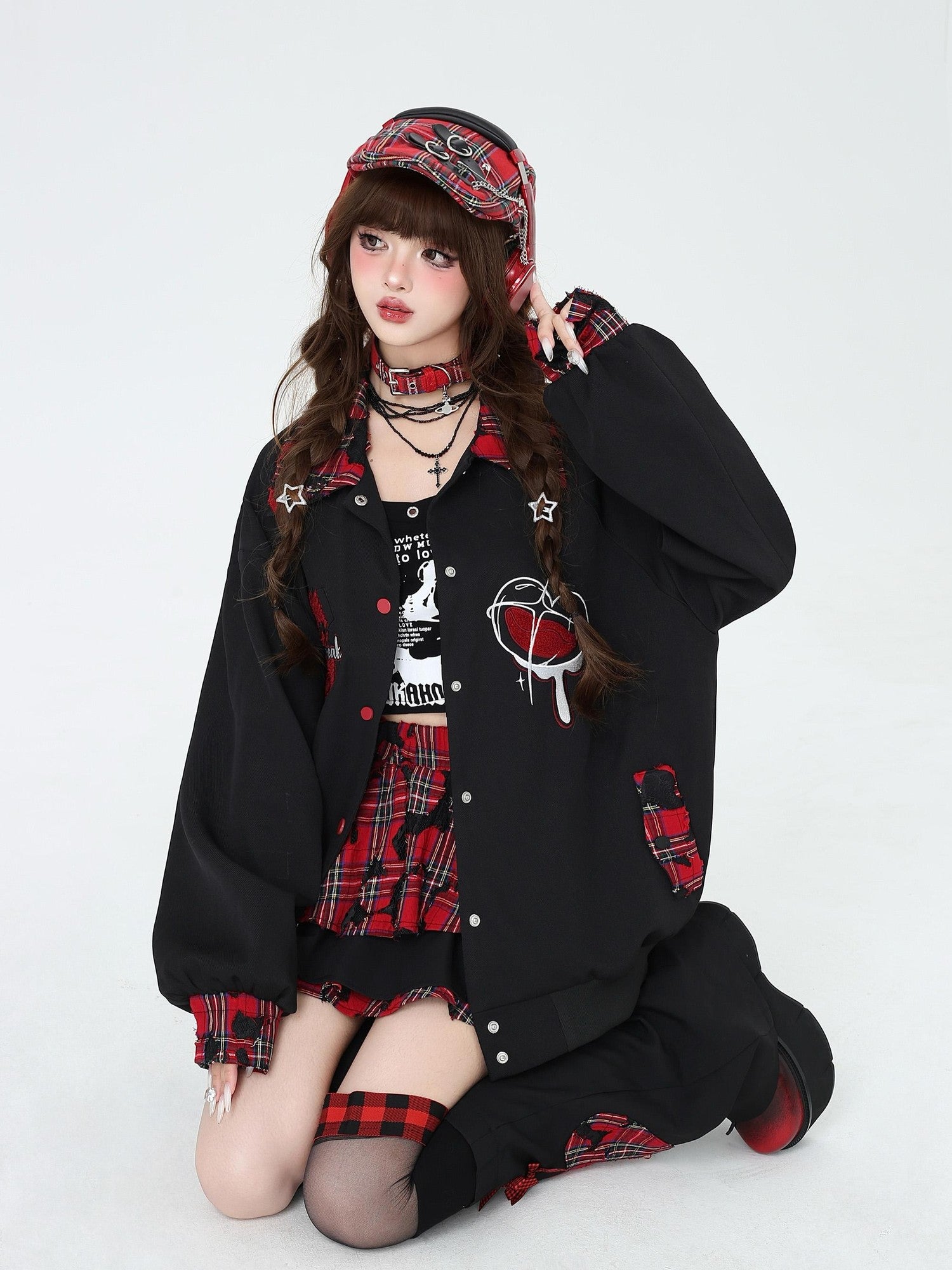 Crazy Girl Embroidered Plaid Patchwork Notched Collar Loose Fit Women&