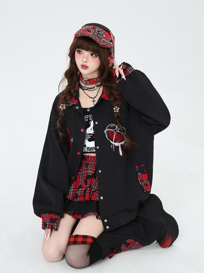 Crazy Girl Embroidered Plaid Patchwork Notched Collar Loose Fit Women&