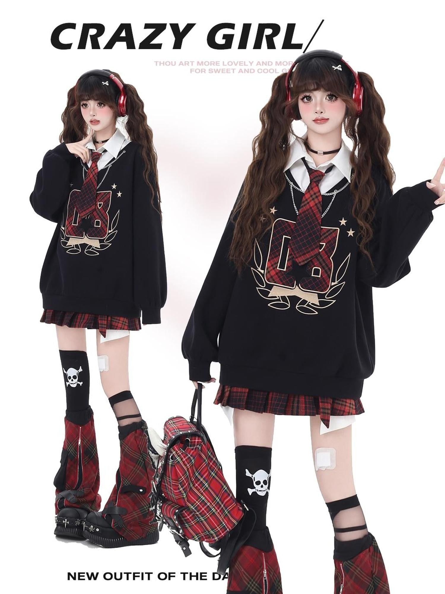 Crazy Girl Faux Two Piece Stand Collar Loose Fit College Sweet Women&