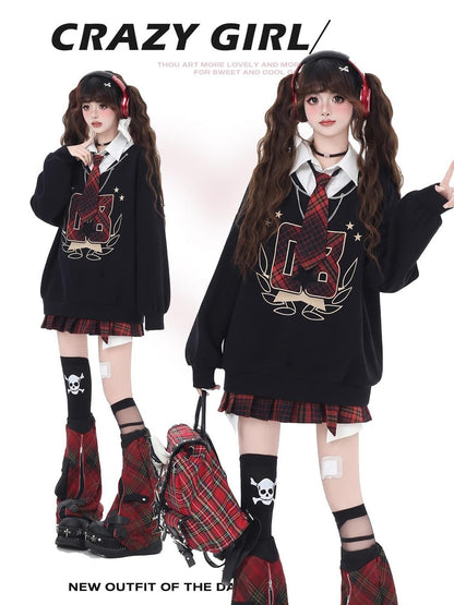 Crazy Girl Faux Two Piece Stand Collar Loose Fit College Sweet Women&