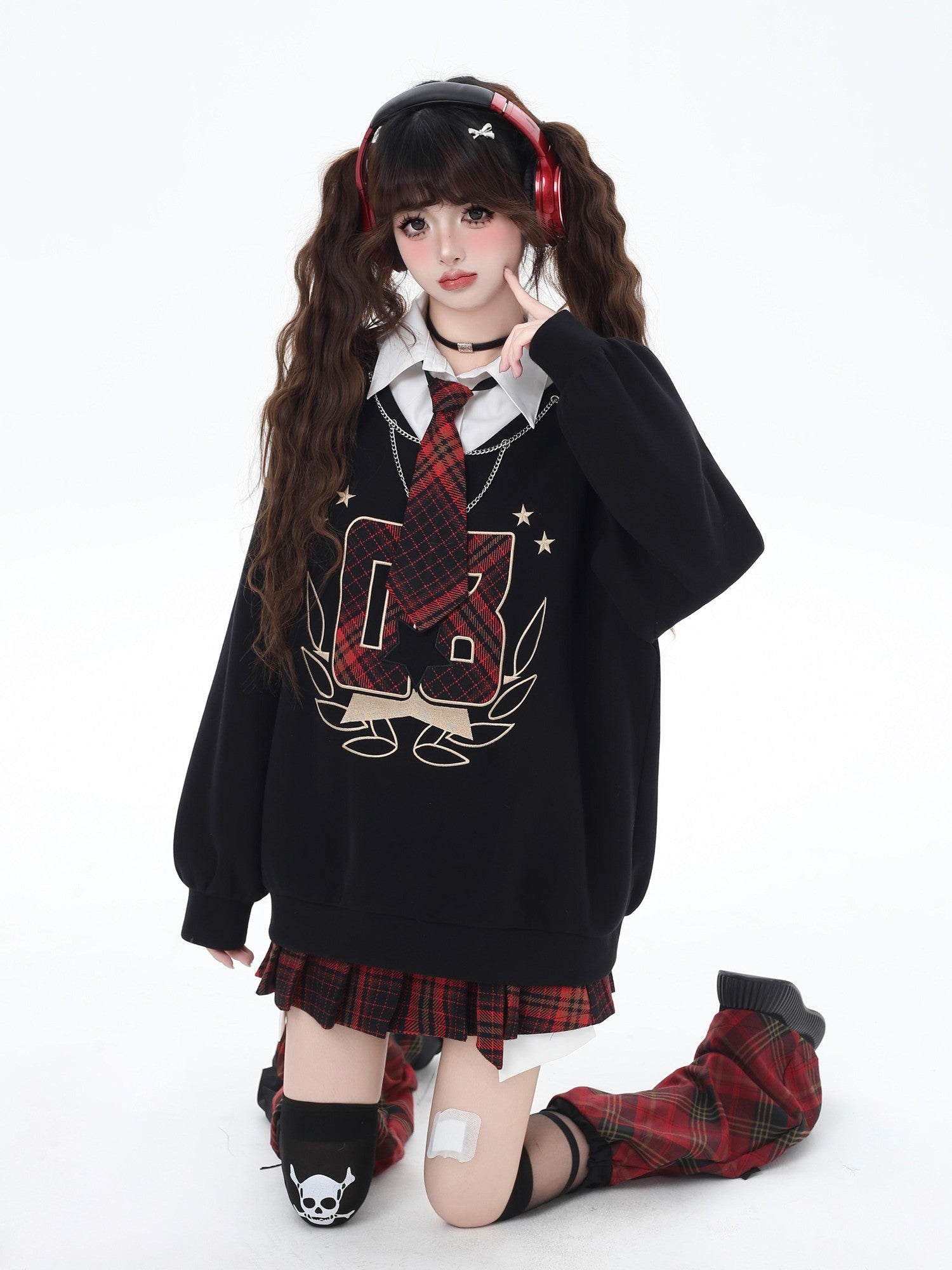 Crazy Girl Faux Two Piece Stand Collar Loose Fit College Sweet Women&