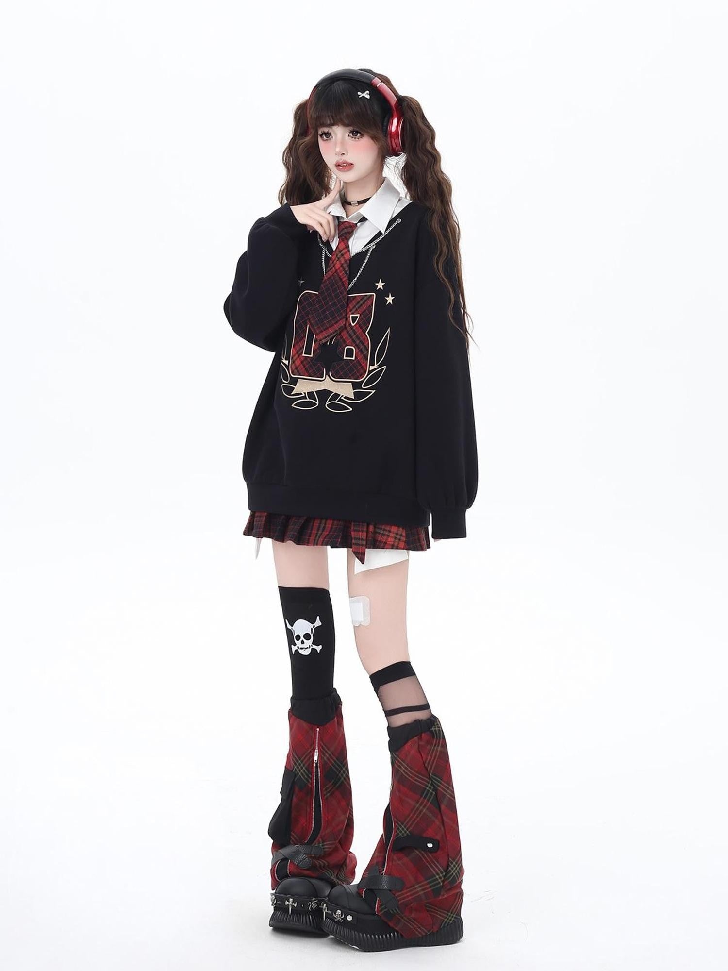 Crazy Girl Faux Two Piece Stand Collar Loose Fit College Sweet Women&