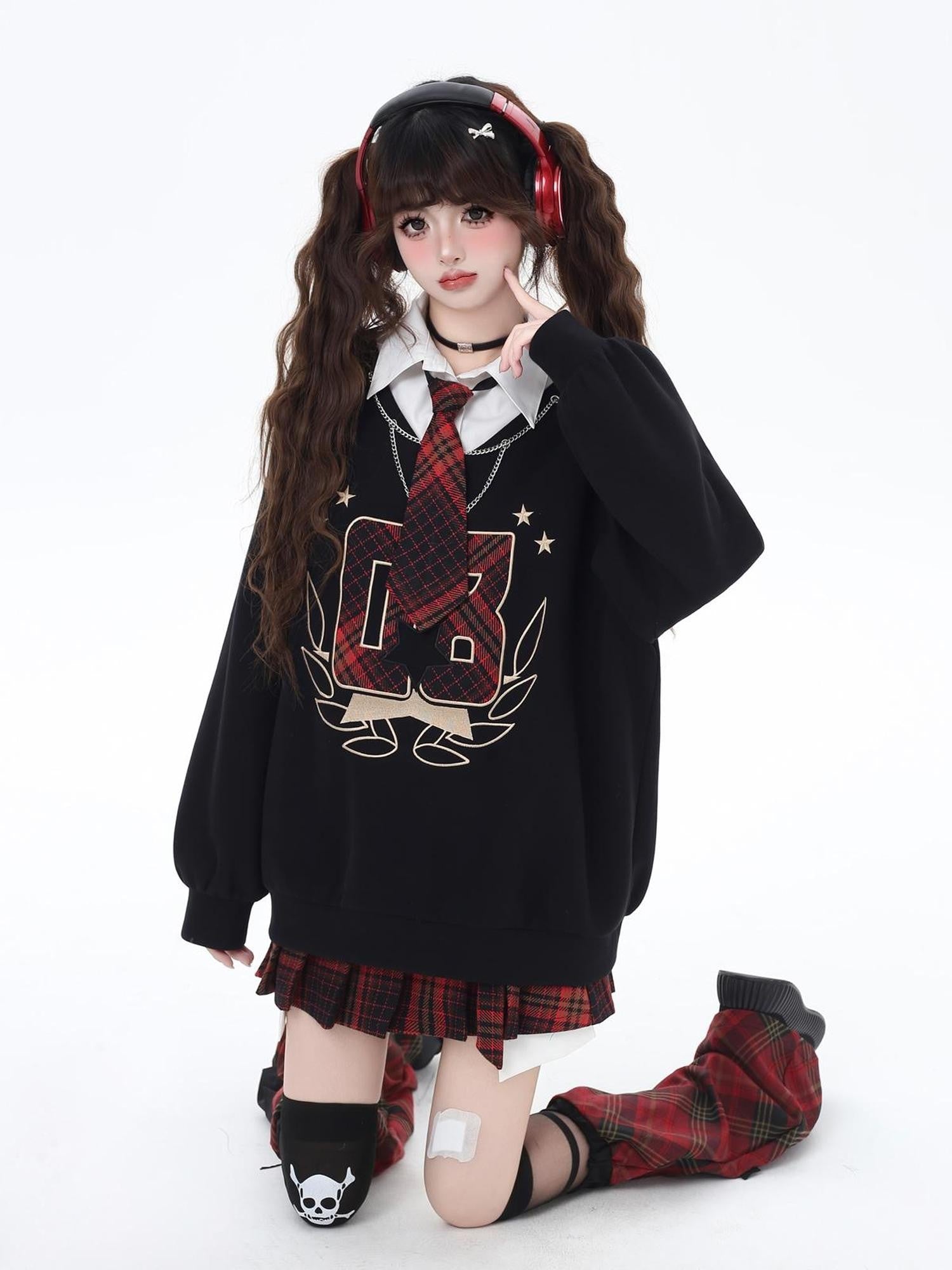 Crazy Girl Faux Two Piece Stand Collar Loose Fit College Sweet Women&