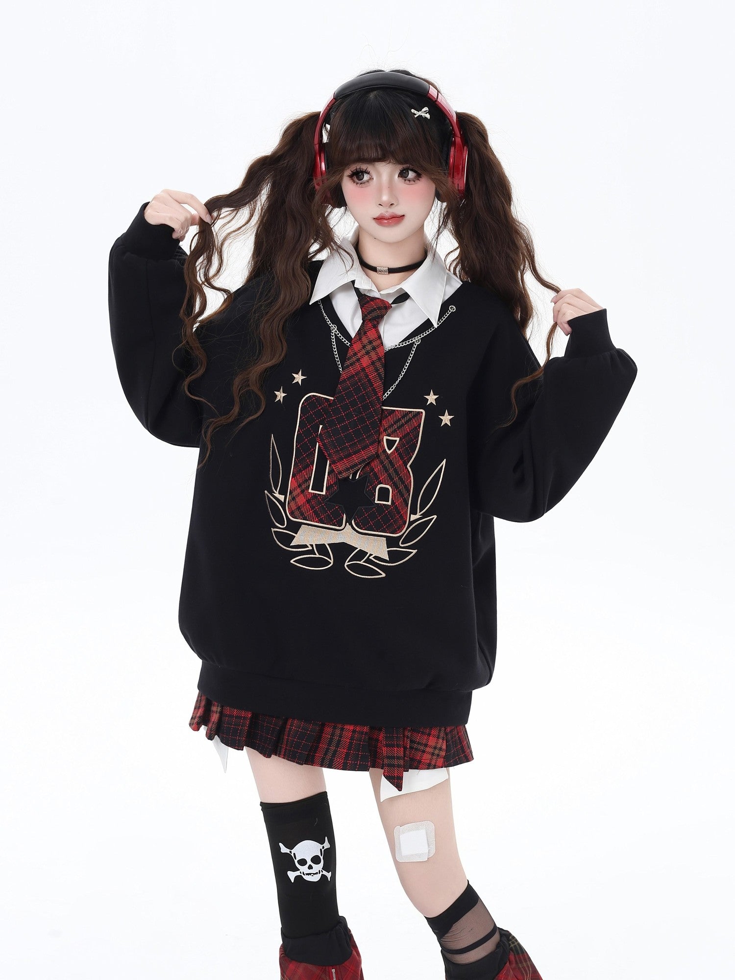 Crazy Girl Faux Two Piece Stand Collar Loose Fit College Sweet Women&