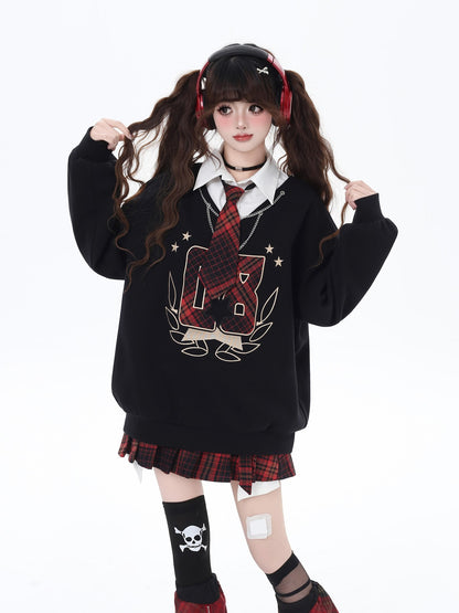 Crazy Girl Faux Two Piece Stand Collar Loose Fit College Sweet Women&