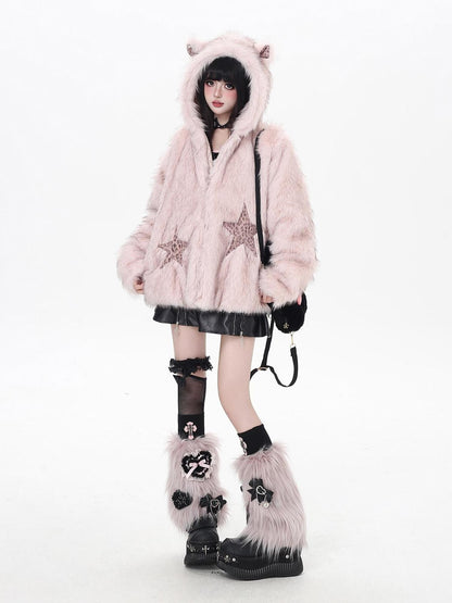 Crazy Girl Fluffy Hooded Zippered Oversized Women&