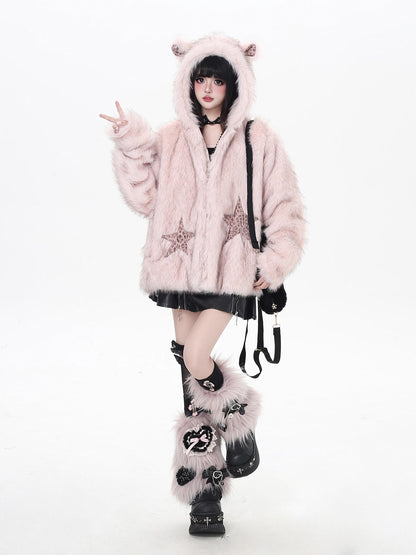 Crazy Girl Fluffy Hooded Zippered Oversized Women&