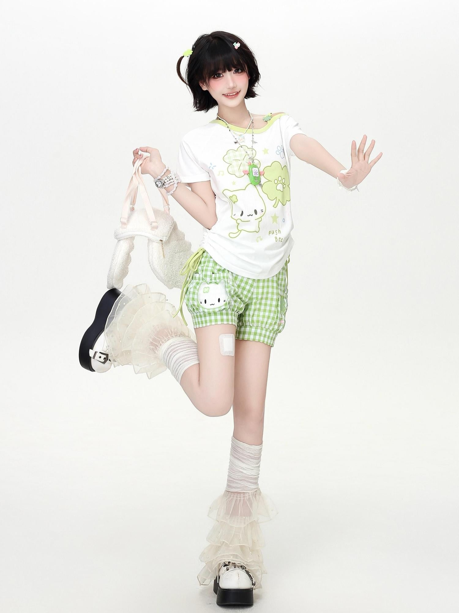 Crazy Girl Four Leaf Clover Spliced Drawstring Cropped Women&