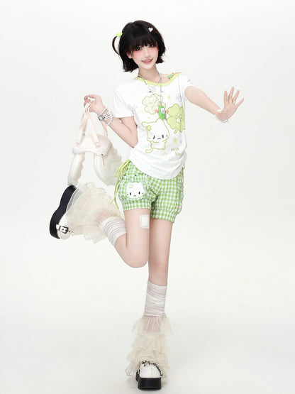 Crazy Girl Four Leaf Clover Spliced Drawstring Cropped Women&