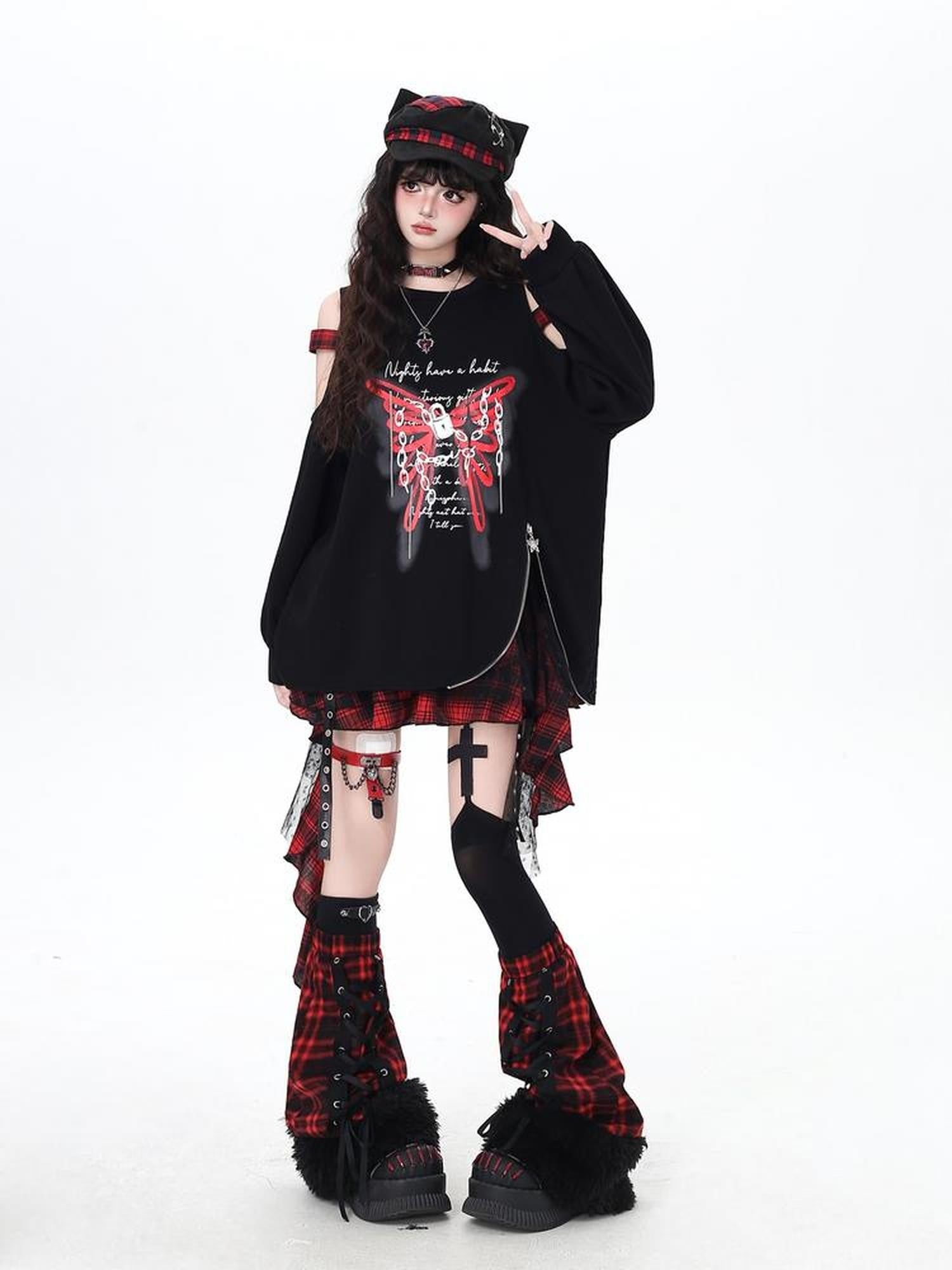 Crazy Girl Fuzzy Gothic Lace Up Patchwork Plaid Women&