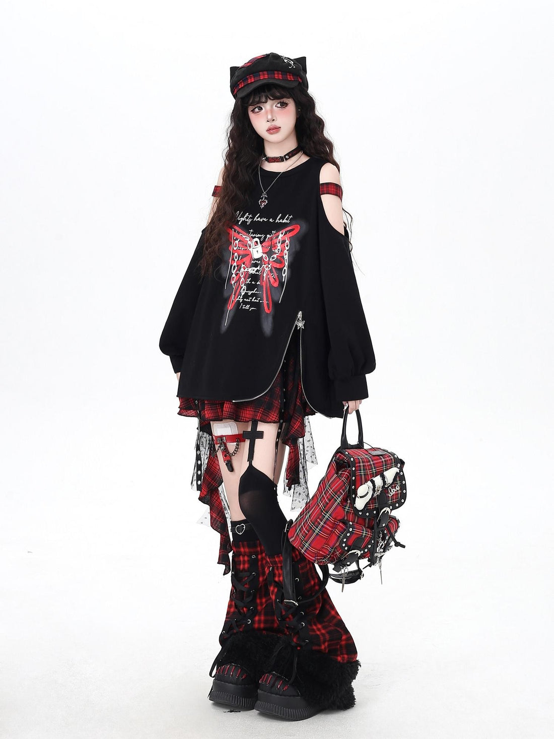Crazy Girl Fuzzy Gothic Lace Up Patchwork Plaid Women&