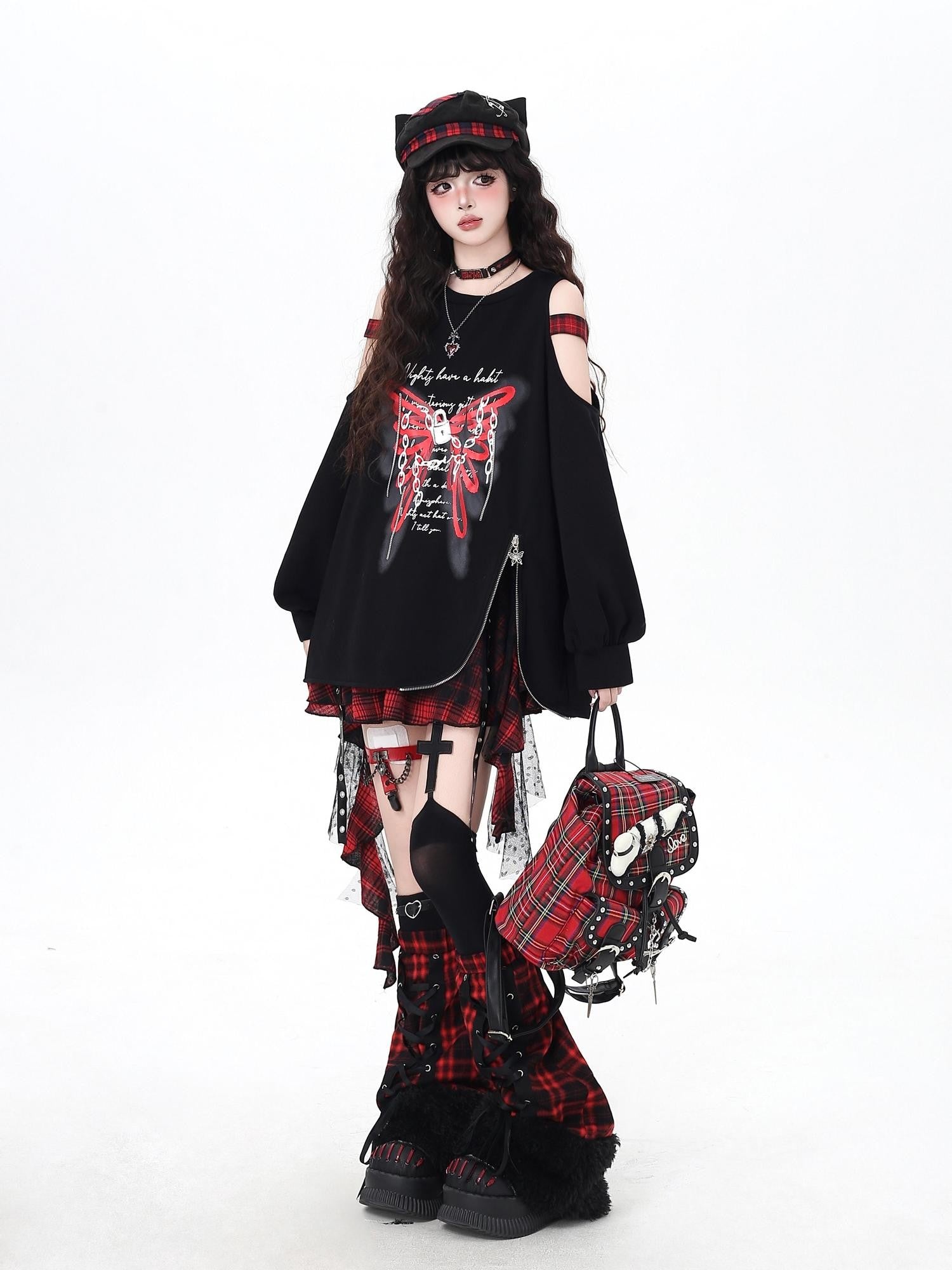 Crazy Girl Fuzzy Gothic Lace Up Patchwork Plaid Women&