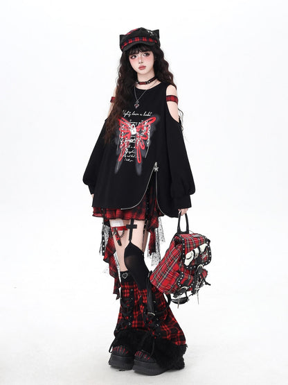 Crazy Girl Fuzzy Gothic Lace Up Patchwork Plaid Women&
