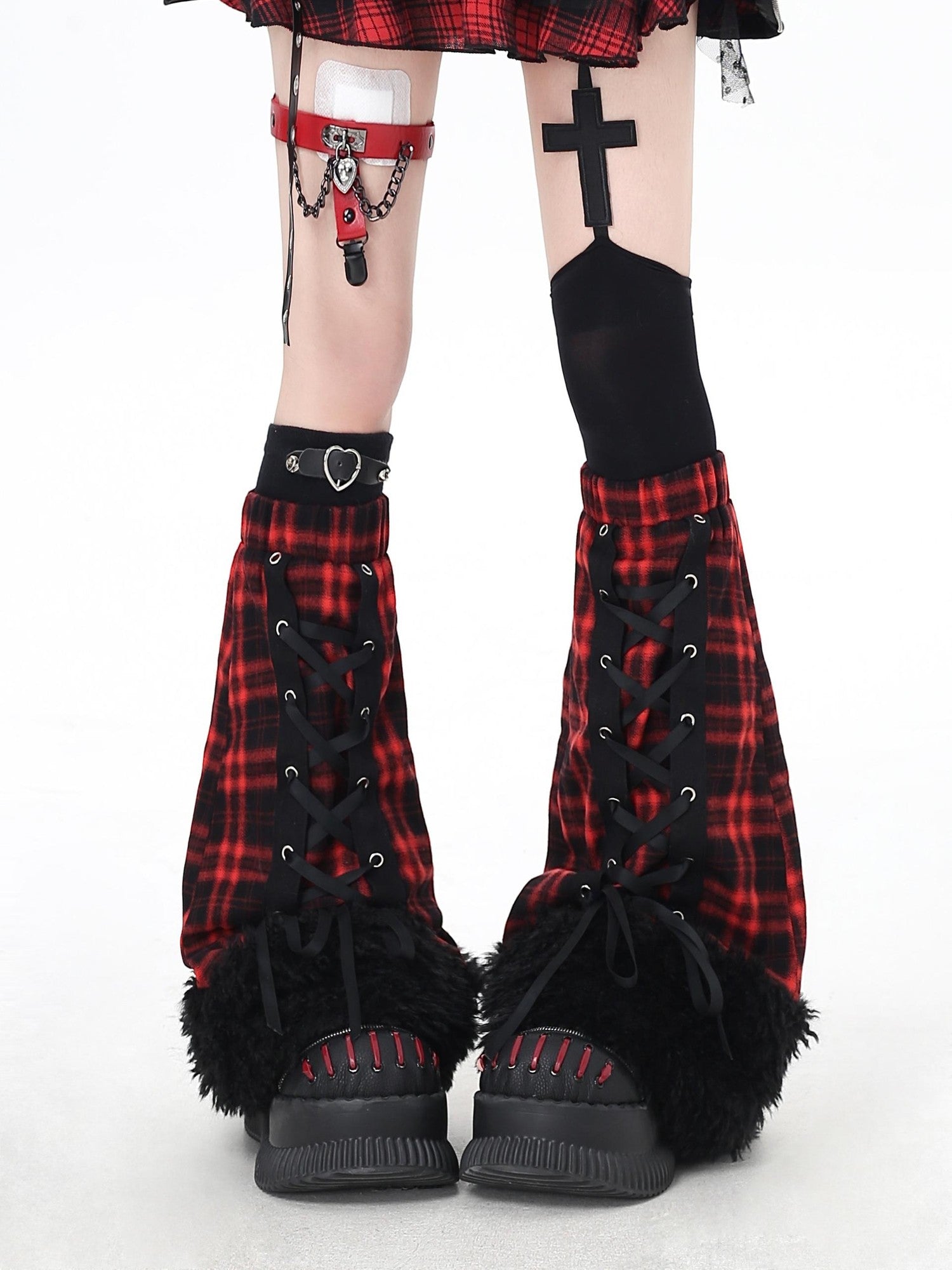 Crazy Girl Fuzzy Gothic Lace Up Patchwork Plaid Women&