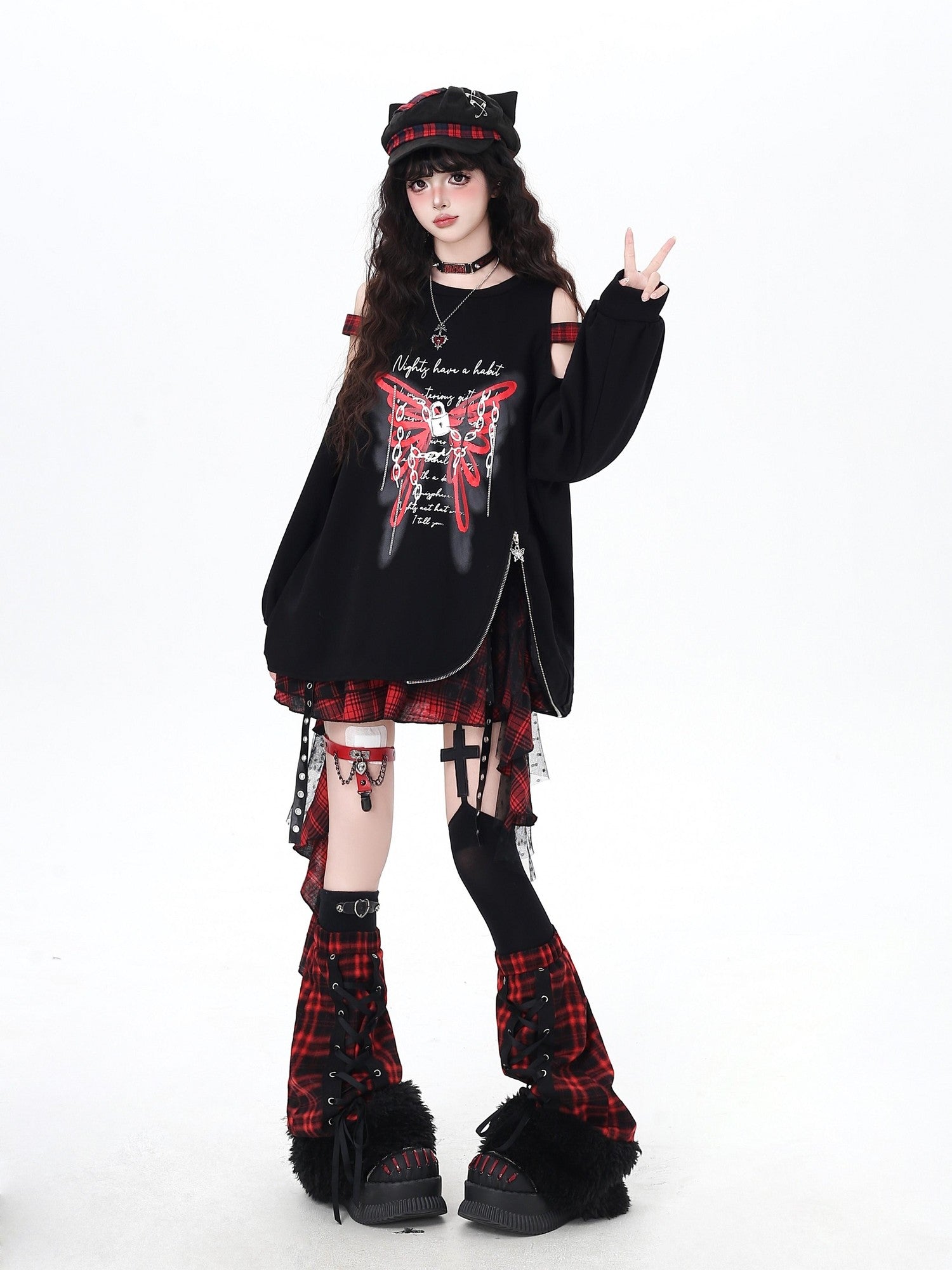 Crazy Girl Fuzzy Gothic Lace Up Patchwork Plaid Women&