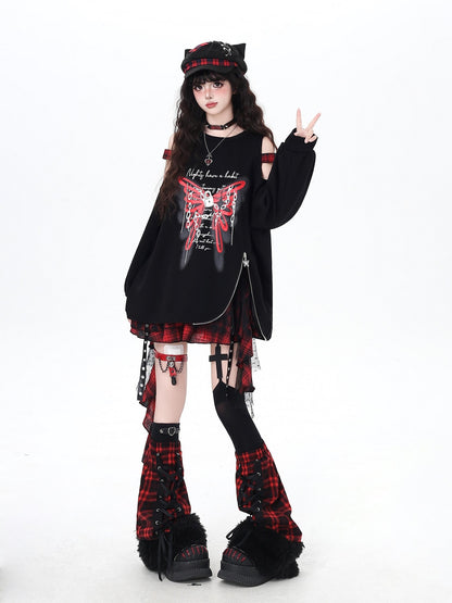 Crazy Girl Fuzzy Gothic Lace Up Patchwork Plaid Women&