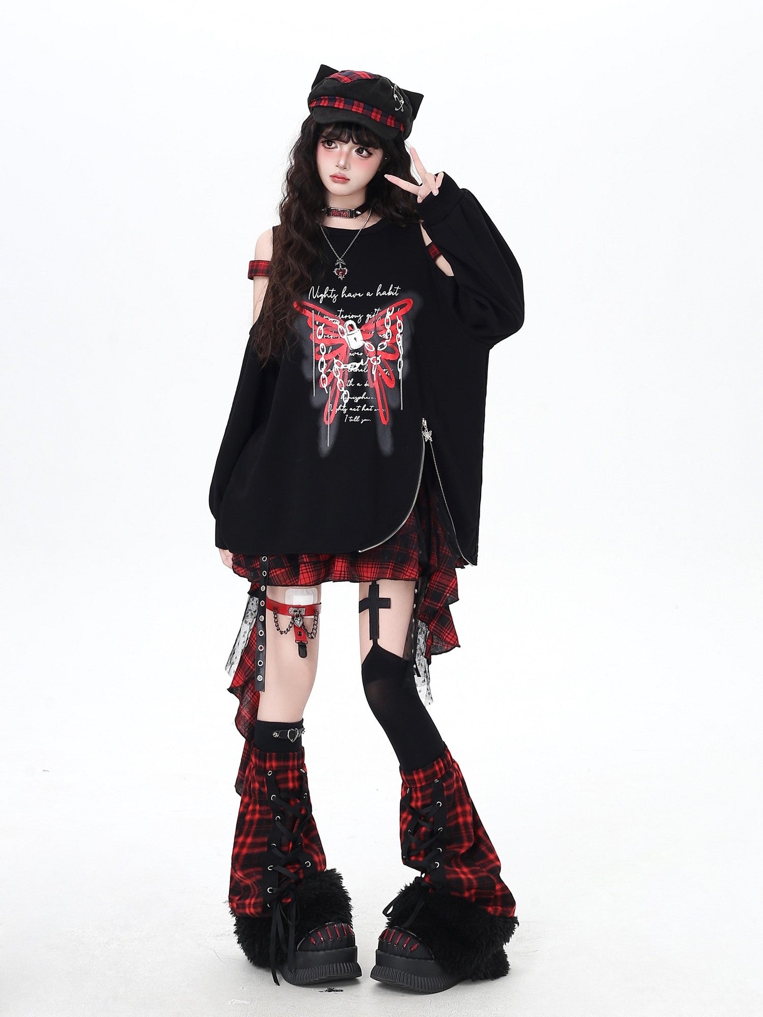 Crazy Girl Fuzzy Gothic Lace Up Patchwork Plaid Women&